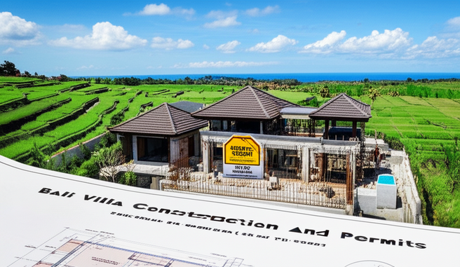 Illustration of a Bali villa under construction, highlighting the PBG permit and surrounding environment.
