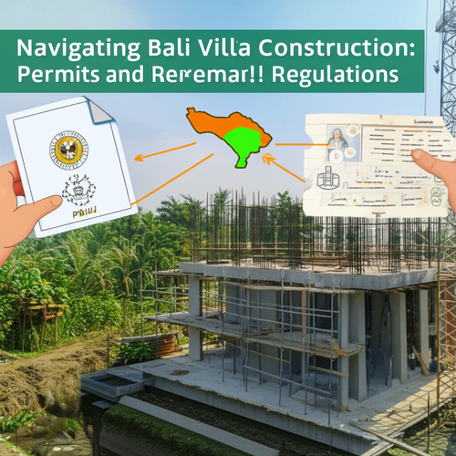 Illustration of a Balinese villa construction project, showing land titles, PBG permit, and a map of Bali, representing the legal and regulatory aspects of building a villa in Bali.