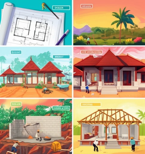 Illustration of the different construction phases of a Bali villa, including design, permitting, site preparation, foundation, structural work, roofing, and finishing.