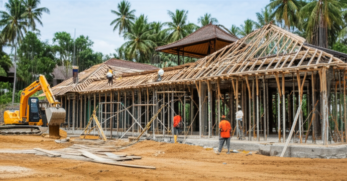 Illustration of the construction phases of a Bali villa, from site preparation and foundation laying to roofing, MEP systems, and finishing details.