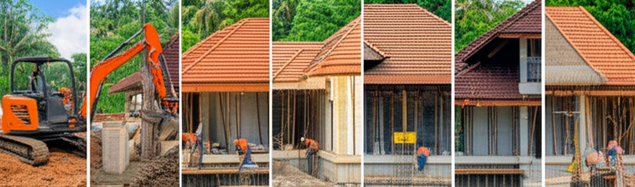 Illustration showing the different phases of building a villa in Bali, including site preparation, foundation, framework, roofing, and MEP installation.