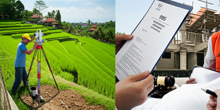 Illustration showing the initial planning and permitting processes for building a villa in Bali, including land surveying, soil testing, blueprints, legal documentation, and the PBG permit.