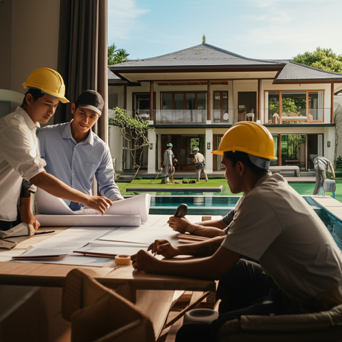 Illustration depicting the construction process of a luxury villa in Bali, from initial planning to completion.