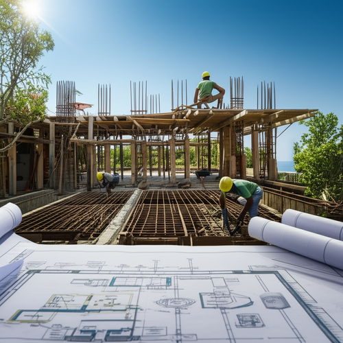 Illustration of the construction process of a luxury Bali villa, showcasing project management, quality control, and adherence to timelines.