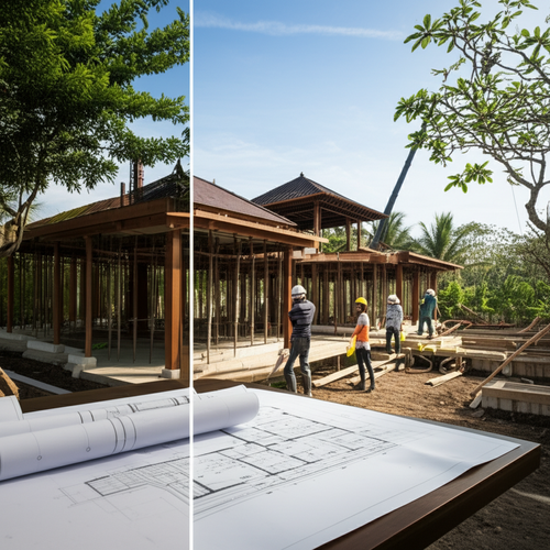 Architectural rendering of a Balinese villa under construction, illustrating the integrated approach of a general contractor and builder.