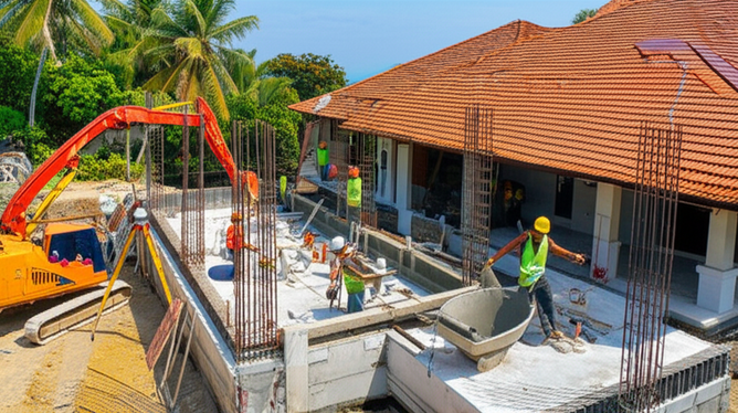 Illustration showing the different stages of Bali villa construction, including site preparation, foundation, structural erection, and roofing.