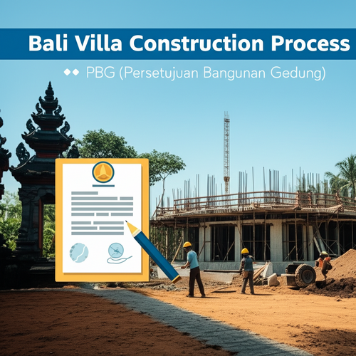 Illustration of the process of building a villa in Bali, including land acquisition, permit applications, and construction.