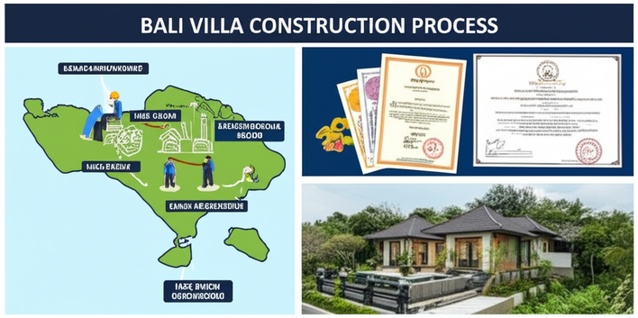 Illustration of the villa construction process in Bali, from land acquisition to obtaining construction permits and finally, the SLF (Sertifikat Laik Fungsi).
