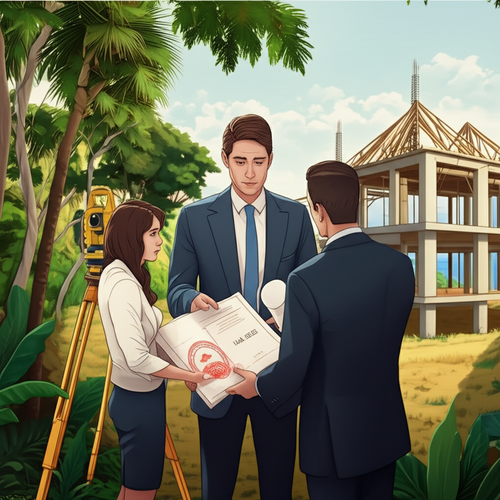 Illustration showing the steps involved in constructing a villa in Bali: land acquisition, zoning review, permit application, and construction.