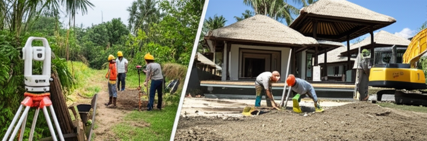 Illustration depicting the step-by-step process of building a Bali villa, from land survey to completion.