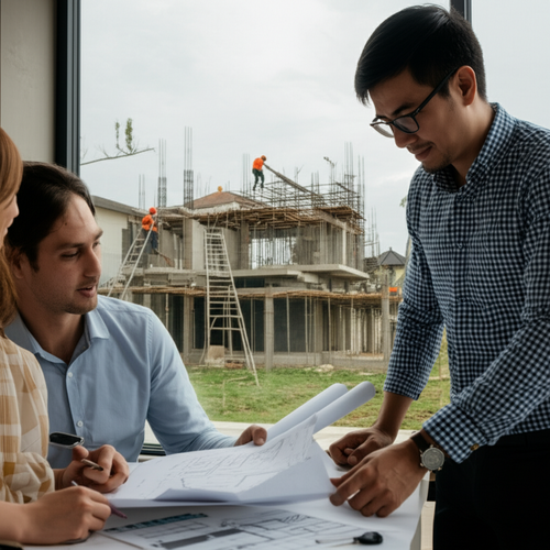 Illustration showing a project manager overseeing the construction of a villa in Bali, emphasizing budget, timeline, and quality control.