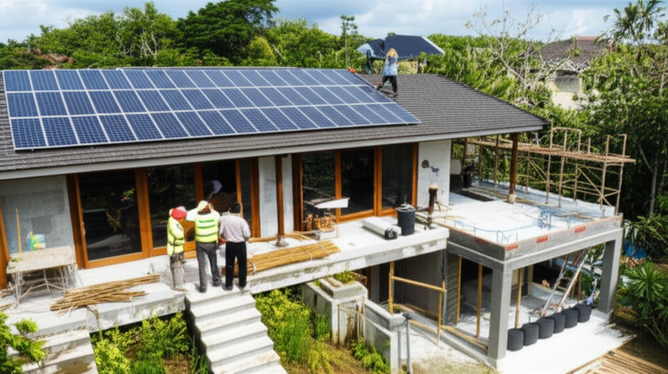 Balinese villa construction site showing project management, quality control, and sustainable building practices.