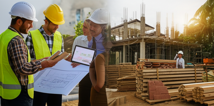 Illustration of quality assurance and project management processes in Bali villa construction, showcasing detailed inspections, schedule reviews, and client communication.