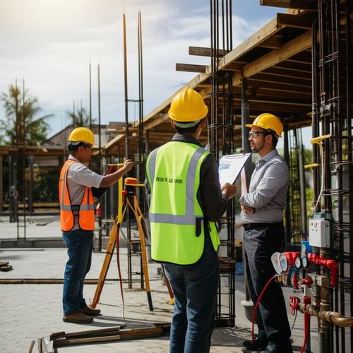 Quality control process during Bali villa construction, showing inspections and checks.