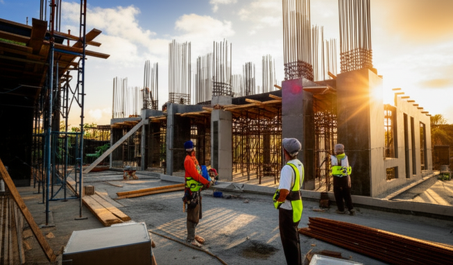 Construction workers inspecting a Bali villa under construction, showcasing quality control and attention to detail.