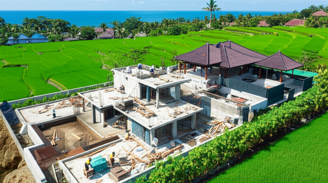 Aerial view of a Bali villa under construction, showcasing the construction process amidst rice paddies and ocean views.