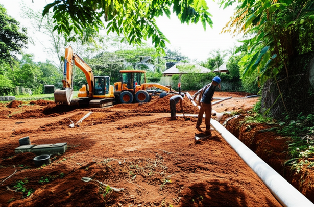 Construction site in Bali showing land clearing, grading, and drainage system installation as part of the initial site preparation for a villa.