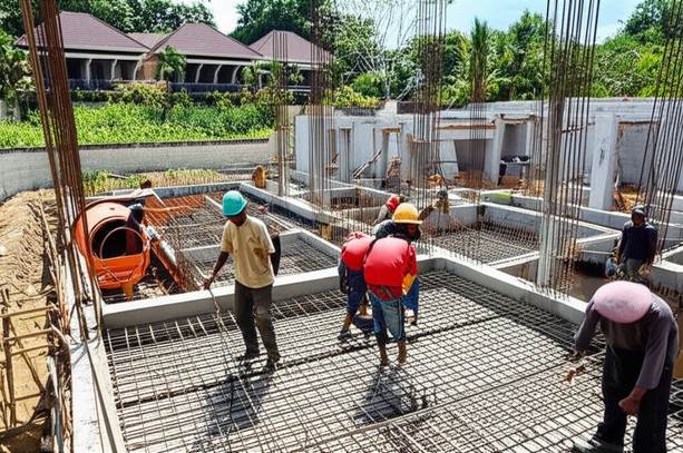 Stages of Bali villa construction, from foundation work to structural development, showcasing quality and craftsmanship.