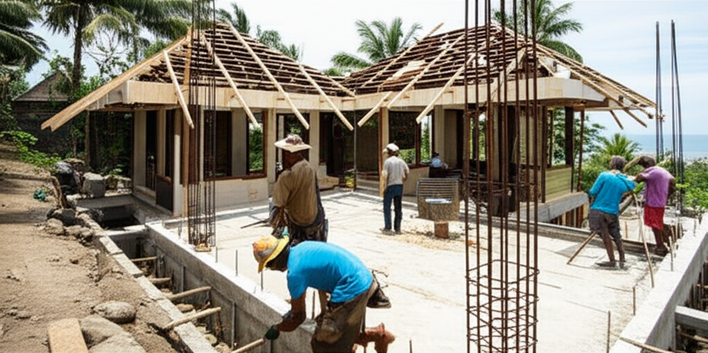 Construction of a luxury villa in Bali, showcasing different stages from foundation to finishing touches.