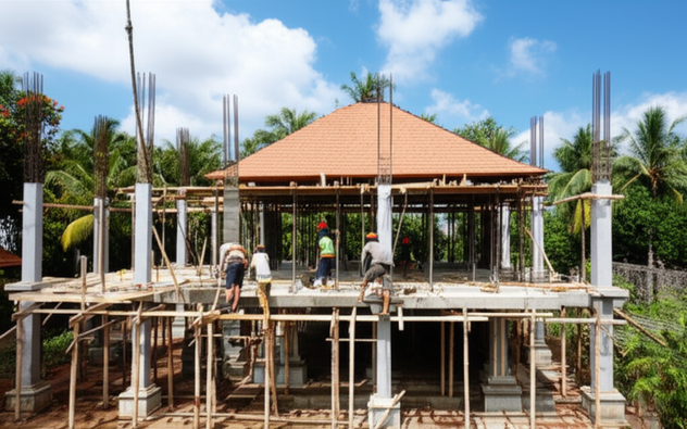Illustration showing different stages of Balinese villa construction, including foundation, superstructure, roofing, and workers involved in the process.