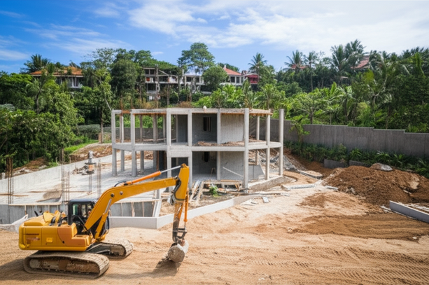 Illustration of the various stages of villa construction in Bali, from site preparation to foundation and structural framework.