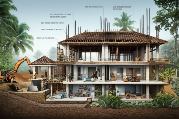 Illustration of the construction phases of a Bali villa, including site preparation, structural development, MEP installation, and finishing work.