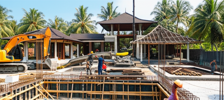 Illustration of a Bali villa under construction, showing different construction phases from site preparation to roofing.