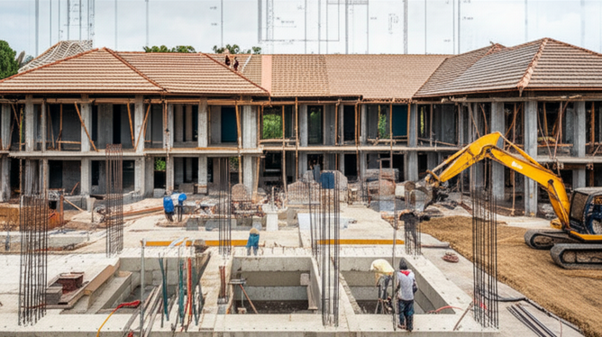 Illustration of a Bali villa under construction, showing site preparation, foundation, structural framework, and roofing stages.