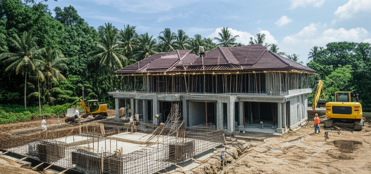 Illustration showing the different stages of luxury villa construction in Bali, from site preparation to completion.