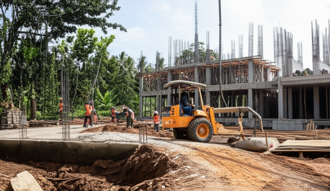 Image showing different stages of a Bali villa construction: site preparation, foundation laying, structural framework and expert workers overseeing the process.