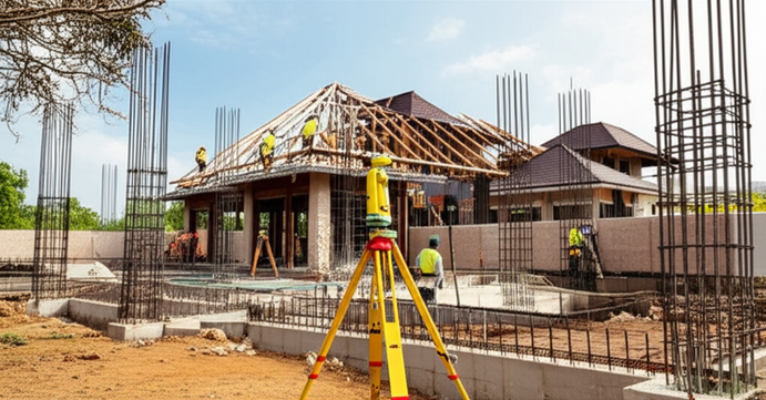Illustration of the construction phases of a luxury Bali villa, from site preparation to finished construction.