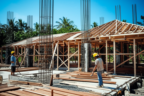 Construction of a luxury Bali villa showing foundation work, structural framing, and roofing.