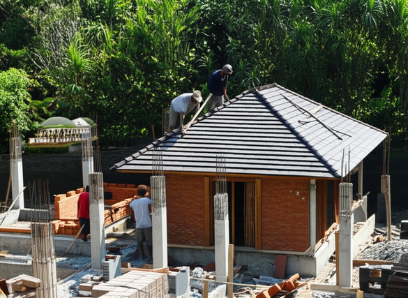 Construction of a Bali villa, showing various stages from foundation to roofing with workers present.