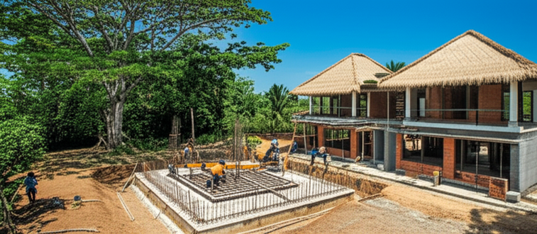 Illustration showing the different stages of building a villa in Bali, including groundwork, foundation, structural framework, wall construction, roofing, and MEP installation.