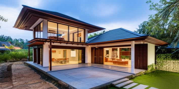 Illustration of the step-by-step construction process of a villa in Bali, from planning to completion.