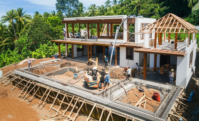 Visual representation of the construction stages of a villa in Bali: site preparation, foundation, framing, and exterior finishes.