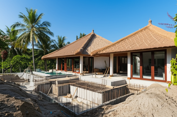 Architectural rendering of a Bali villa construction site, showcasing the different stages from foundation to landscaping.