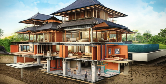 Illustration showing the different stages of construction of a Balinese villa, from foundation to finishing touches.