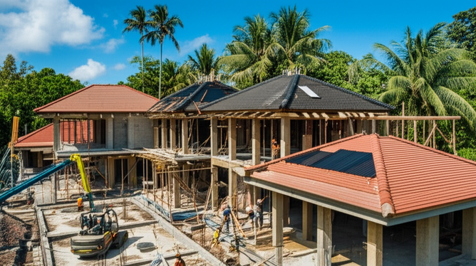 Illustration showing the different stages of building a luxury villa in Bali, from foundation to MEP installation, with a focus on quality control and tropical climate considerations.