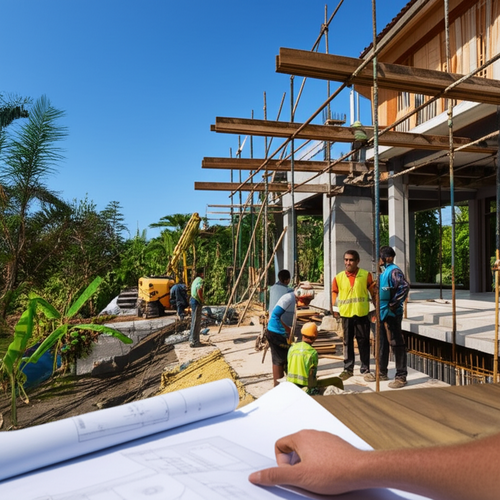 Construction team building a luxury villa in Bali