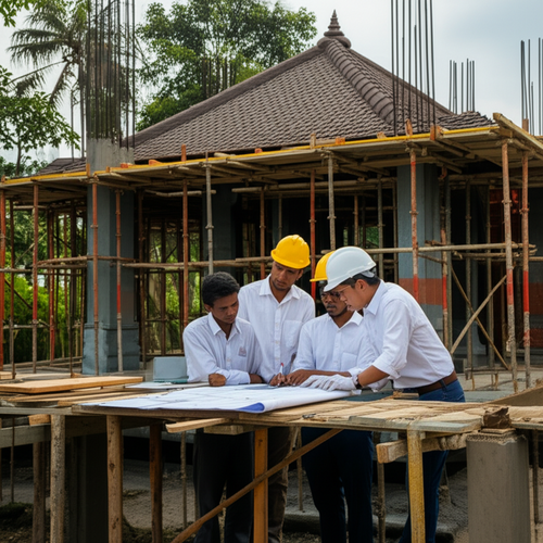 Construction of a villa in Bali with architects, engineers, and construction workers collaborating on site.