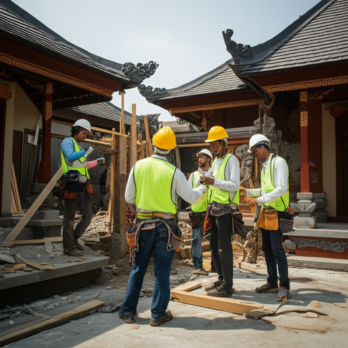 Construction team building a luxury villa in Bali