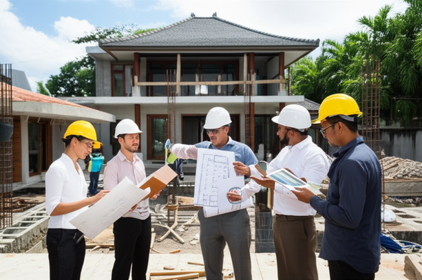 Illustration of the team of professionals involved in building a luxury villa in Bali: architect, structural engineer, interior designer, contractor, and project manager, collaborating on-site.