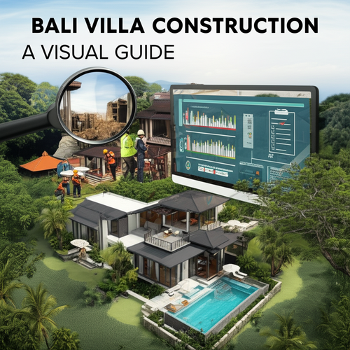 Illustration showing the stages of Bali villa construction, from contractor selection to long-term maintenance.
