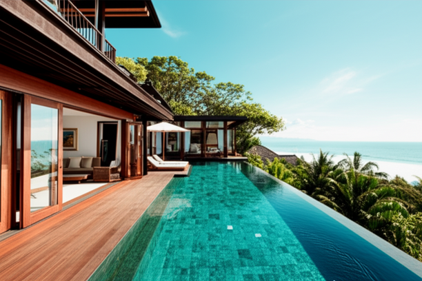 Beautiful modern villa in Bali showcasing Balinese architectural design and tropical integration.