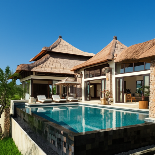 Architectural rendering of a modern Balinese villa with an infinity pool and tropical landscaping.