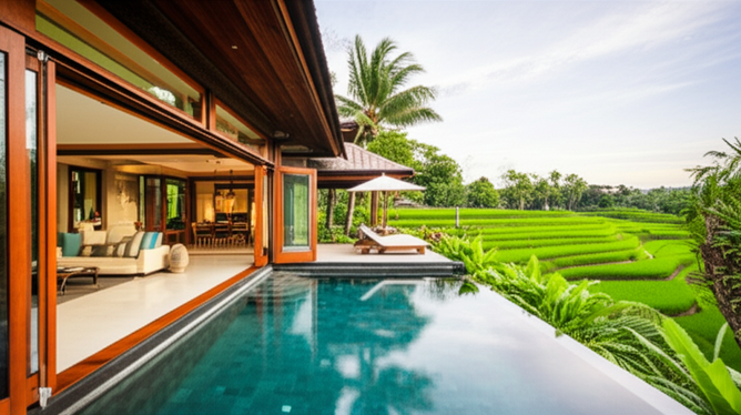 Architectural rendering of a modern Balinese villa with an infinity pool and rice paddy views.