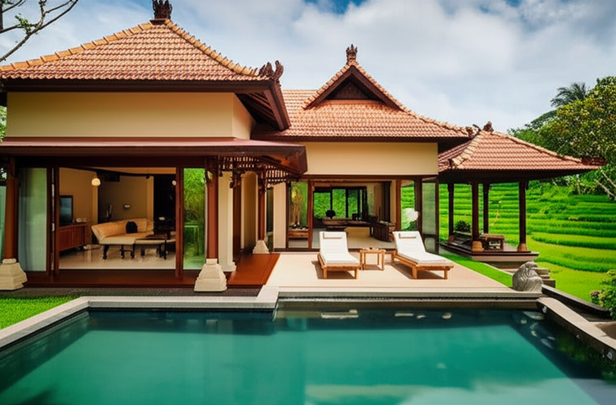 Architectural rendering of a Bali villa showcasing traditional and modern design elements, integrated with the tropical landscape and emphasizing sustainability.