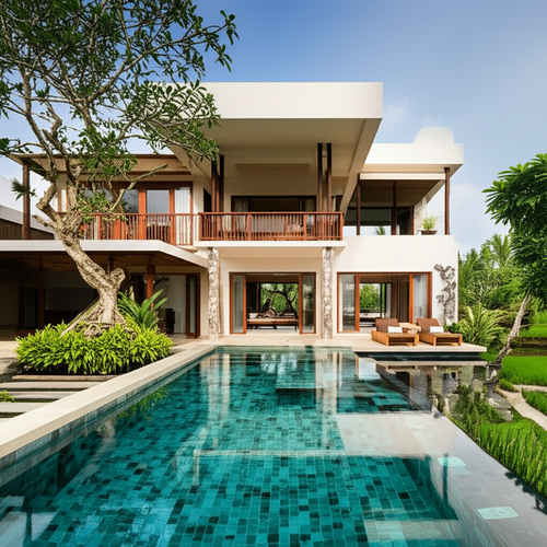 A modern Balinese villa showcasing a fusion of contemporary minimalist design and traditional Balinese architecture with an infinity pool overlooking rice paddies
