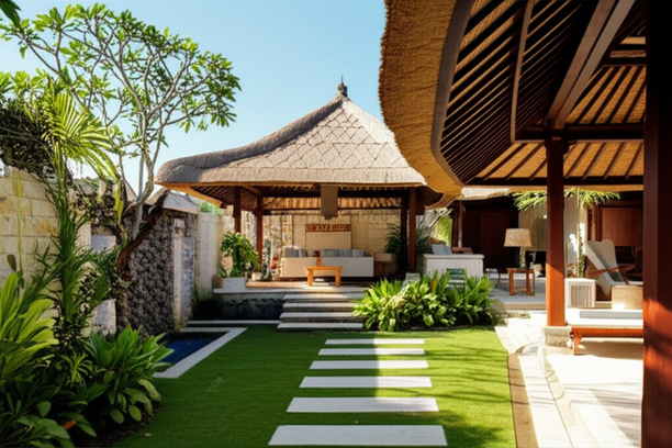 A stunning illustration of a Bali villa, showcasing a blend of modern luxury and traditional Balinese architecture, emphasizing sustainability and harmony with nature.
